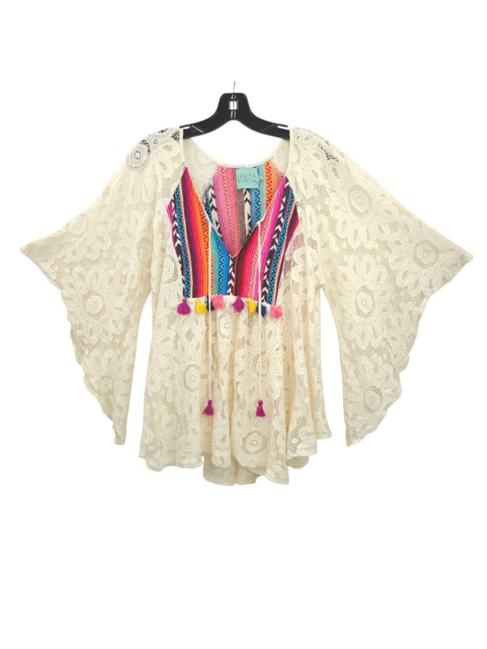 Judith March Boho Cream Lace Top  L Embroidered Tassel Wide Flare Sleeve Tunic